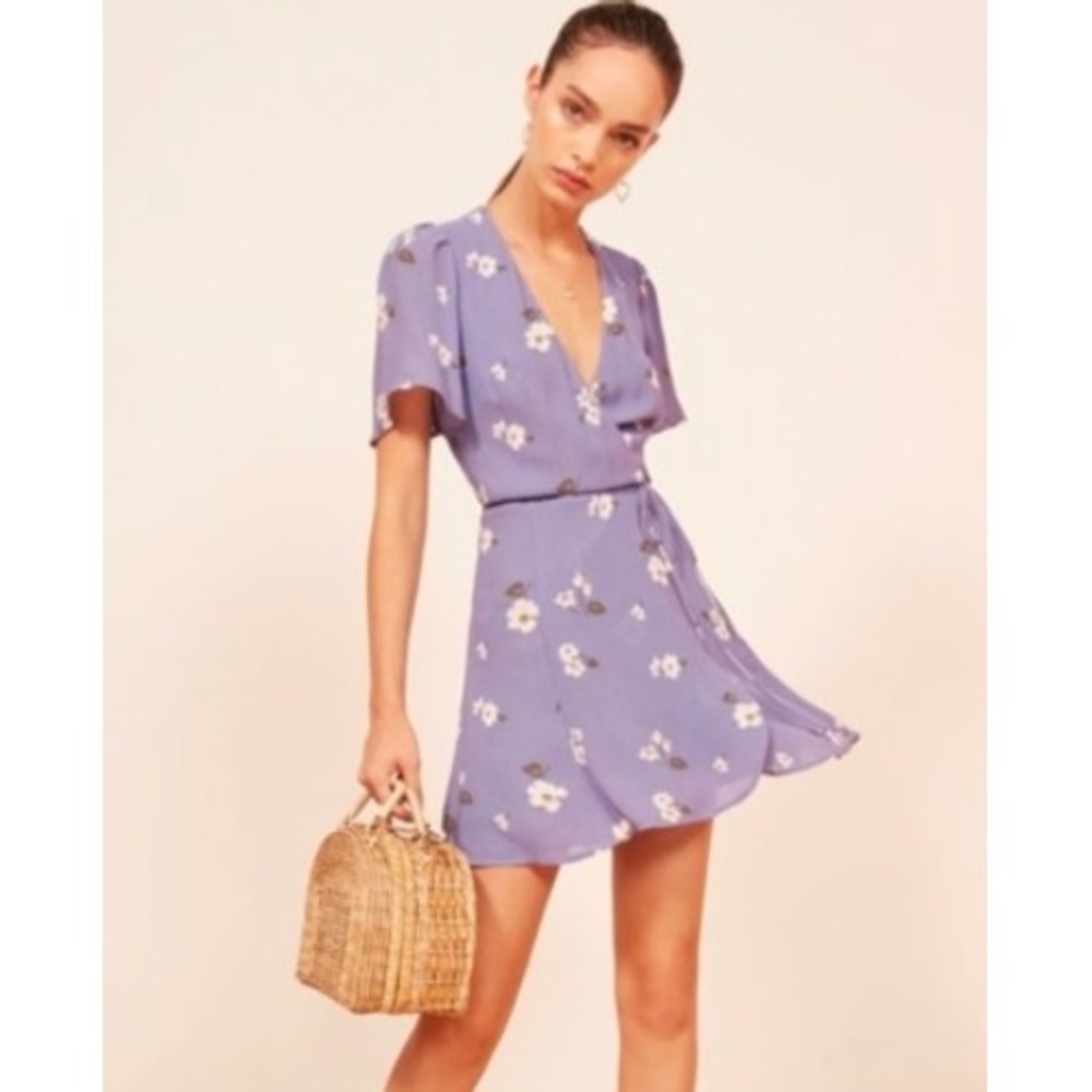 Reformation Adele Purple Floral Wrap Mini Dress Short Sleeve V-Neck Small - Picture 2 of 9